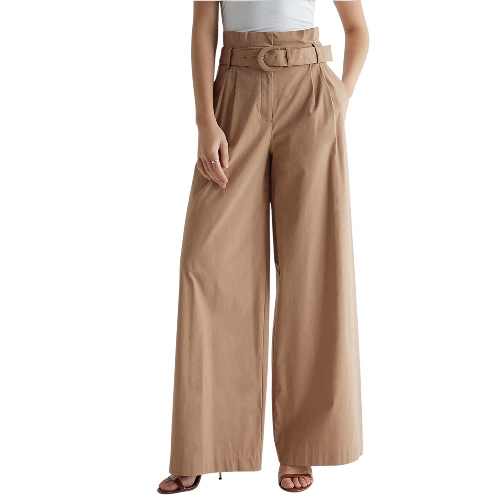 Express Womens High Waisted Belted Wide Leg Paperbag Pants Camel Tan 8S New